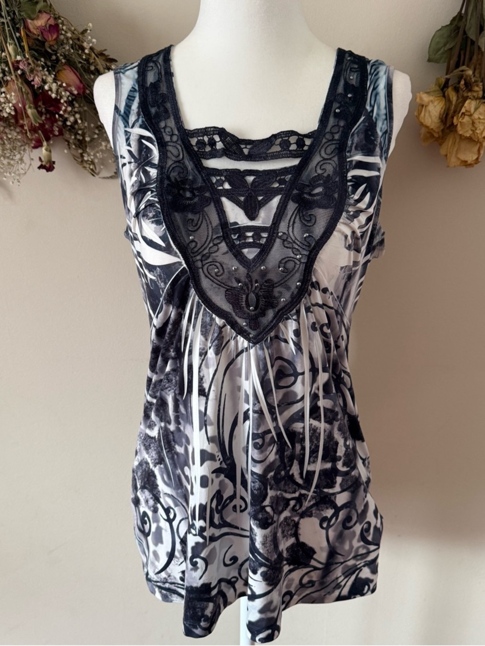 Unity World Wear Fairycore/Y2K Black & White Abstract Printed Top